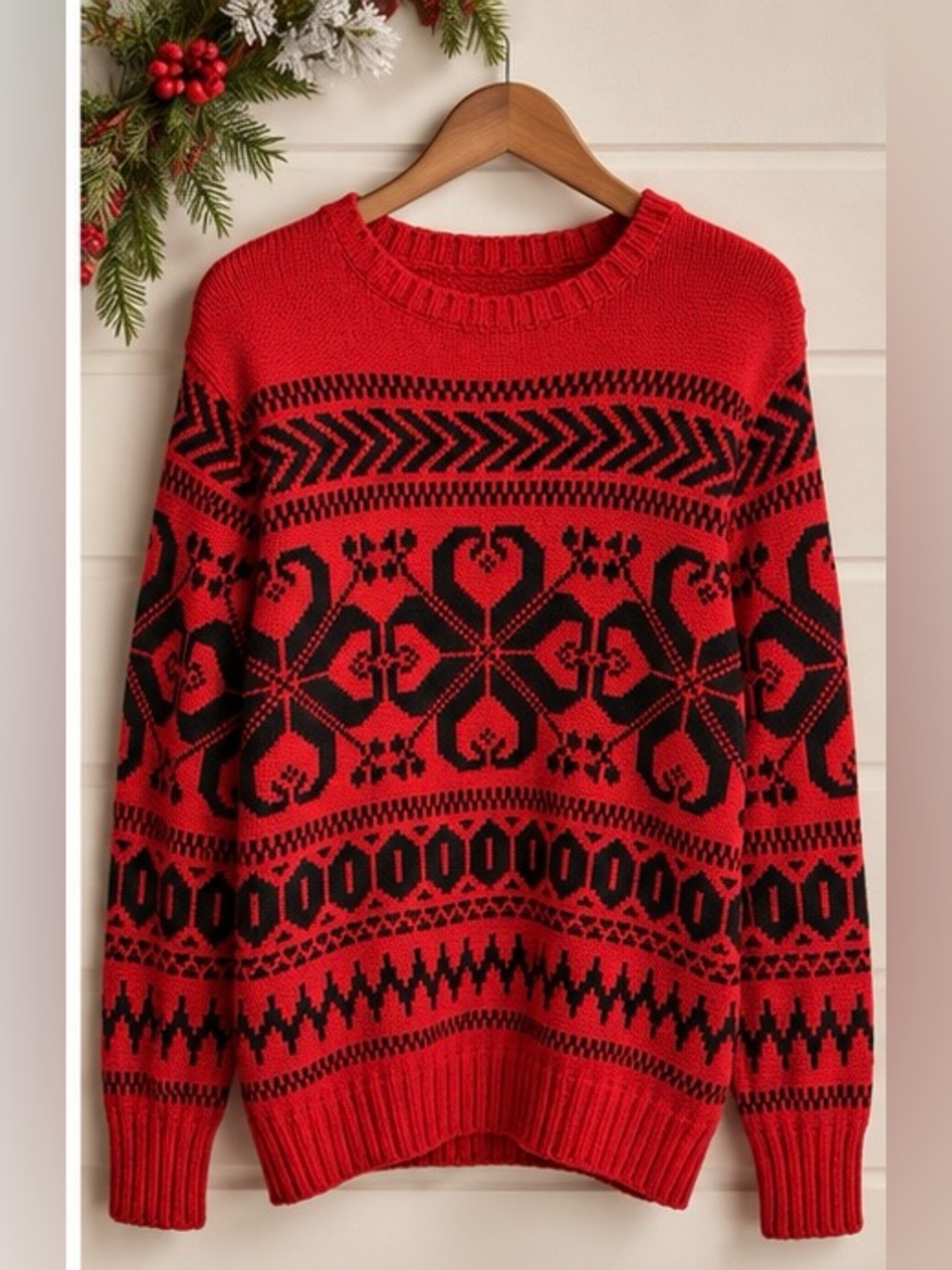Lauren Ralph Lauren XL Red Black Fair Isle Sweater Wool Blend Holiday Nordic Pul - Picture 2 of 8